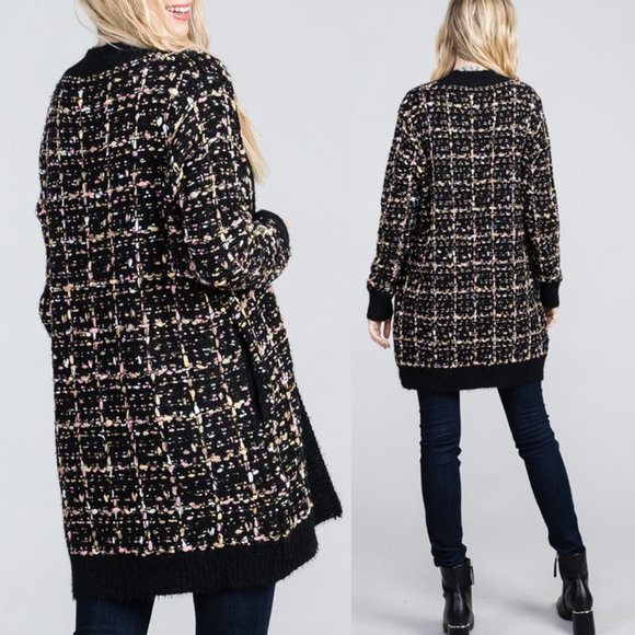 Black Confetti Tweed Knit Open Front Long Cardigan - Picture 4 of 12